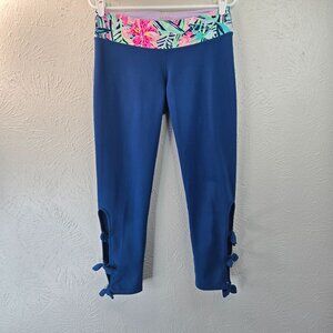 Lilly Pulitzer Luxletic Leggings L Blue Floral Tropical Bow Crop Athletic Pants